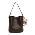 Vintage braune Bucket Bag aus Leder mit Schultergurt und Plüsch-Leopard-Katzenanhänger - Kaffeebraun (Mit Anhänger)