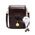 Chic dark brown vintage style crossbody phone bag with a white plush pompom charm - With Pendant / Coffee
