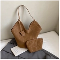 Detailed view of brown matte suede tote bag set with matching small zipper pouch - 2-Piece Set Bag / Brown