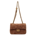 Bolso de hombro acolchado de ante marrón con cadena dorada y elegante cierre de giro - Marrón