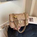 Elegante borsa a tracolla in pelle scamosciata beige con catena d'oro e trapuntatura - Cachi