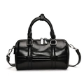 Glossy black Boston handbag with silver hardware and detachable crossbody strap - Black
