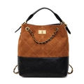 Bolso saco vintage de ante marrón y cuero negro acolchado con detalles en dorado - Marrón