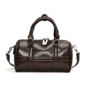Dark brown oil wax leather Boston handbag with silver hardware and shoulder strap - Coffee