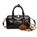 Chic black shiny leather bowling bag for women with a cute plush bear charm - Black With Rabbit Pendant