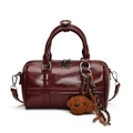 Fashionable burgundy Boston bag in vintage leather with a cute puppy charm - Wine Red With Charm