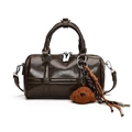 Brown faux leather Boston bag with plush dog charm and woven tassel details - Coffee With Rabbit Pendant
