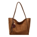 Brown faux suede tote bag with leopard bear charm and tassel on white background - With Charm / Brown