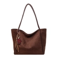 Minimalist large brown suede tote bag with a cute bear charm and woven tassel detail - With Charm / Brown