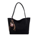 Minimalist black suede tote bag with long straps and cute bear charm decorative accessory - With Charm / Black