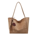 Brown faux suede tote bag with minimalist shoulder straps and a cute bear charm accessory - With Charm / Khaki