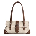 Borsa baguette retrò in tela beige con finiture in pelle marrone e borchie argento - Cachi