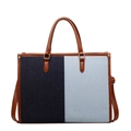 Summer contrast patchwork denim tote bag with brown leather handles and strap - Light Blue