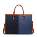 Retro denim tote bag with brown leather trim and shoulder strap in high-capacity style - Dark Blue