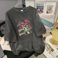 Retro gewaschenes graues Baumwoll-T-Shirt mit Rosendruck und Vintage-Streetstyle - M / Gewaschenes Schwarz