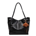 Minimalist black faux leather tote bag with long straps and brown plush dog pendant - Black With Pendant