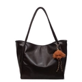 Dark brown oil-wax leather tote bag with long handles and a cute poodle plush charm - Coffee With Pendant