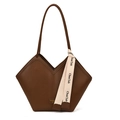 Brown chevron pattern tote bag with vintage V-shaped opening and cream ribbon detail - Brown