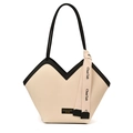 Minimalist beige woven tote bag with black faux leather trim and stylish heart-shaped design - Beige and Black