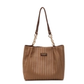 Braune gewebte Shopper-Tasche mit goldenen Kettenriemen und Logo-Aufnäher vorne - Khaki