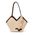 Minimalist off-white tote bag with V-shaped opening and brown leather trim details - Cream-Brown