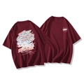 Burgundy cotton T-shirt with pink floral graphics and street style back print - Burgundy