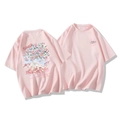 Pink short-sleeve cotton T-shirt featuring floral mountain back print and loose fit - Pink