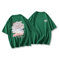 Dark green cotton T-shirt with Japanese cherry blossom and mountain print - Dark Green