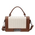 Petit sac carré tissé blanc crème avec garniture en cuir marron foncé et fermoir argenté - Blanc et Marron