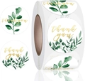 Dettaglio di adesivi rotondi con foglie verdi e scritta gold thank you su rotolo - Foglia Verde Stampa Oro (J212)