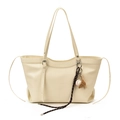 Cream white leather tote bag with vintage texture and baseball glove charm accessory - With Pendant / White
