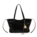 Glossy black tote bag with sports theme pendant and reinforced bottom corner detail - With Pendant / Black