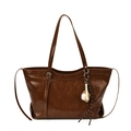 Vintage large dark brown tote bag in glossy oil wax leather with baseball charm - With Pendant / Brown