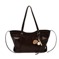 Dark brown patent leather tote bag with glossy finish and baseball themed charm - With Pendant / Brown