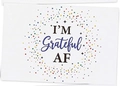 Biglietto d'affermazione bianco con testo artistico blu Grateful AF e motivi di coriandoli - Stile Grato Artistico (KP32)