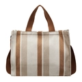 Sac fourre-tout en toile à rayures marron et beige avec poignées et bandoulière - Blanc Cassé