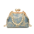 Borsa a conchiglia blu-grigia con motivi floreali dorati e manico di perle chic - Blu