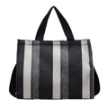 Grand sac cabas en toile à rayures verticales noires, blanches et grises avec anses - Noir