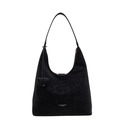 Elegante borsa hobo in pelle scamosciata nera con sottili spalline e nappa decorativa - Nero