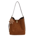 Brown suede bucket bag with long leather strap and vintage gold buckle for women - With Pendant / Brown