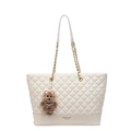 Quilted cream tote bag with diamond stitching, gold chain strap, and cute bear charm - With Pendant / Off White