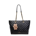 Black quilted tote bag with diamond stitching, gold chain straps, and brown bear charm - With Pendant / Black
