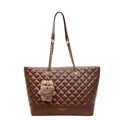 Brown quilted tote bag in oil wax leather with gold chain strap and teddy bear charm - With Pendant / Brown