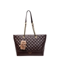 Dark brown quilted tote bag with chain strap and cute plush bear charm decoration - With Pendant / Brown