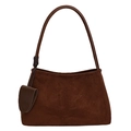 Minimalist matte dark brown suede shoulder bag with thin leather strap and hanging charm - Brown