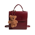 Vintage burgundy large capacity leather backpack with a cute plush bear pendant charm - With Pendant / Ancorra Red