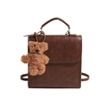Retro dark coffee PU leather backpack with letter embossing and a cute plush bear charm - With Pendant / Coffee