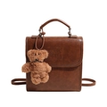 Retro brown large capacity PU leather backpack with teddy bear charm and top handle - With Pendant / Yellow Brown