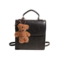 Vintage black PU leather backpack with embossed text and brown plush bear charm - With Pendant / Black