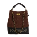 Bolso cubo de moda marrón y negro con correa de cadena dorada y letras de remache - Marrón